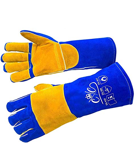 ▶ Guantes de soldador de cuero premium | Guantes de soldadura resistentes al calor | Guantes de soldadura Mig | Horno-Grill-Chimenea-Horno-Stove-Tig-Welder-BBQ-Coal Forge Glove | 16 pulgadas de manga extra larga Kevlar Stitch