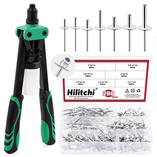 💢 Hilitchi Kit de pistola de remache manual de 262 piezas con 3 cabezales intercambiables (3 piezas nasales) y 260 remaches en 7 tamaños, herramienta de remache manual de dos manos resistente para plástico, metal, cuero, vehículo