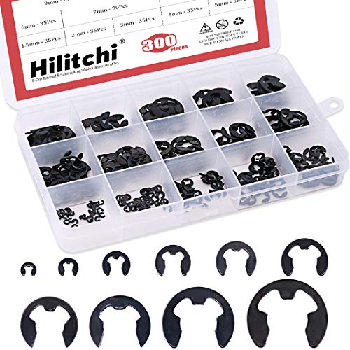 💢 Hilitchi 300-Pcs Alloy Steel E-Clip Circlip External Retaining Ring Assortment Set - 1.5mm to 10mm