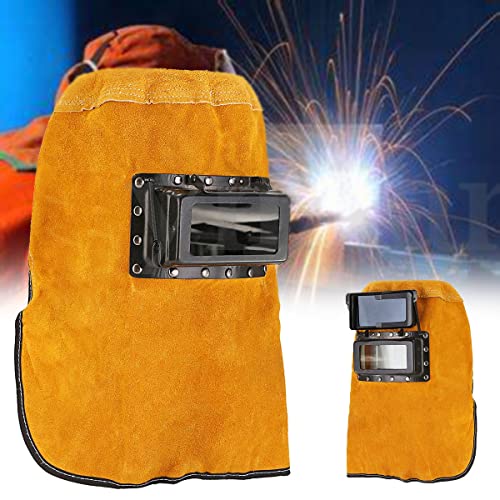 ▶Capucha soldador transpirable con lente, Máscara de casco de soldadura de cuero Lente de filtro de oscurecimiento automático solar, Casco de soldadura de cuero resistente al calor Casco de soldadura