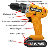 Taladro Electrico Inalambrico / modo de trabajo tres en uno,(atornillado, taladrado, impacto) 2 baterías recargables de iones de litio，tamaño de mandril de 3/8 pulgadas， torque eléctrico (30 nm), juego de herramientas de taladro eléctrico