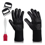 ▶ Guantes ignífugos guantes de barbacoa de 800 °C, resistentes al calor, guantes ignífugos, guantes de barbacoa, guantes de horno para ahumar, cocinar, hornear, con garras de triturador de carne y cepillo para untar salsa (negro)