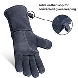 ▶ Guantes de soldador de forja resistentes al calor de 144 pulgadas de cuero vacuno – manga larga y forro de parrilla aislado para soldador Tig/Mig/Barbacoa/Huevo Verde/Estufa Gris