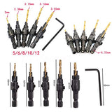 ▶ Juego de  brocas  avellanadas para carpintería, 5 piezas #5#6#8#10#12, juego de brocas para flauta HSS, 8 piezas de corte de enchufe de madera, recto y cónico 5/8 pulgadas 1/2 pulgadas 3/8 pulgadas 1/4 pulgadas