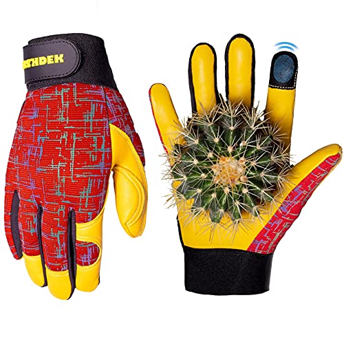 ▶ Guantes de jardinería para mujeres y hombres, guantes de trabajo de piel de oveja con pantalla táctil, guantes de trabajo de jardín flexibles y transpirables (mediano, rojo)