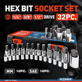 KORR Tools KSS005 Juego de 32 puntas hexagonales maestro | Juego SAE y métrico | Unidad de 1/4 pulgadas, 3/8 pulgadas y 1/2 pulgadas