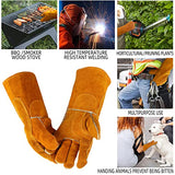 ▶ Guantes de soldador resistentes al calor, 16 pulgadas guantes de soldadura cuero de guantes de trabajo de seguridad de cuero para barbacoa, horno, soldador Tig, jardín y manejo de animales