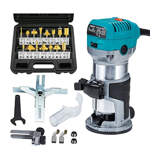 Juego de herramientas Enrutador compacto con recortadora/base fija, enrutador de ajuste de velocidad variable de palma, recortador laminado, kit de herramientas de enrutador eléctrico de madera de 710 W con 15 brocas de enrutador para carpintería