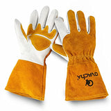 ▶ Guantes ignífugos Guantes de soldadura resistentes al fuego para hombres y mujeres, guantes de soldadura ignífugos, extra largos, resistentes al calor, guantes de piel de vacuno (L)