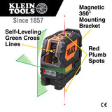 Klein Tools Nivel láser, autonivelante, nivel de línea cruzada verde de alta visibilidad con punto de fontanería rojo y abrazadera de montaje magnética