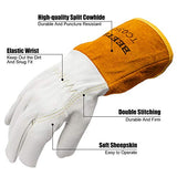 ▶ Guantes de  soldador Tig de piel de cabra con cuero de vaca extra largo, resistente al calor/fuego, barbacoa/almacén/resistente/guantes de manejo de animales, extremadamente suaves y flexibles, 1 par