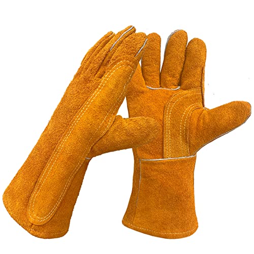 ▶ Guantes de soldador resistentes al calor y al fuego, guantes de trabajo de seguridad de cuero de 14 pulgadas para barbacoa, horno, soldador Tig, jardín y manipulación de animales