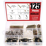 💢 Hilitchi 125 piezas de montaje de leva 3 en 1 con clavija y tuerca preinsertada con tapa hexagonal chapada en zinc para muebles, tuercas de barril para cuna, kit surtido de tornillos de conexión de muebles