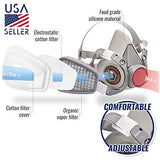 ▶ Máscara respiradora para pintura en aerosol, carpintería, soldadura, polvo y seguridad general con gafas de ojos transparentes, 10 filtros de repuesto, media cubierta con gafas de seguridad