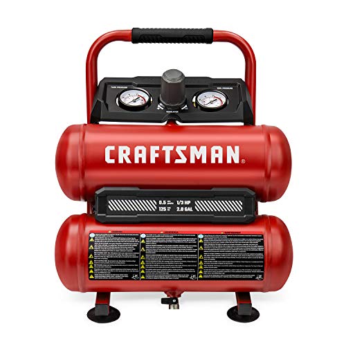 ▶ CRAFTSMAN Compresor de aire, compresor de aire portátil de 2 galones, tanque doble, 1/3 HP sin aceite, presión máxima de 125 PSI, modelo: CMXECXA0220242, rojo