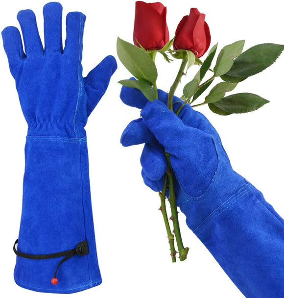 ▶ Guantes de jardinería profesionales a prueba de espinas GLOSAV para mujeres y hombres, poda de rosa y corte de cactus, guantes de jardín de manga larga resistentes, de piel de vaca (pequeño, azul)