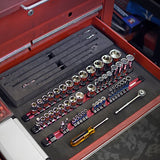 ▶ NEIKO Soporte de aluminio y bandeja organizadora de enchufes para cajas de herramientas con rieles ligeros y resistentes, unidades de 1/4 pulgadas, 3/8 pulgadas y 1/2 pulgadas, juego de almacenamiento de 3 piezas