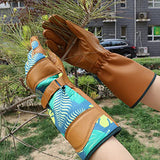 ▶ Guantes de jardinería  para mujer con piel de vacuno de grano para trabajo en el patio (puños largos y medianos)